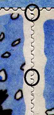 enlargement showing 'interrupted' die-cut perforations (circled) which are designed to enable the stamp and label to be lifted from the backing sheet 'as one'