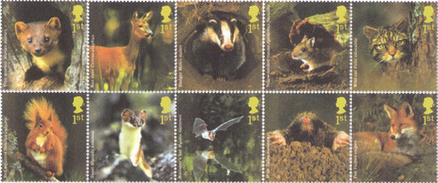set of 10 stamps showing British woodland animals to be issued 16 September 2004