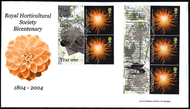 RHS Smilers strip of 5 stamps on Norvic Dahlia FDC