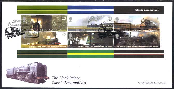 Classic railway locomotives minaiture sheet stamps on Norvic official first day cover showing The Black Prince