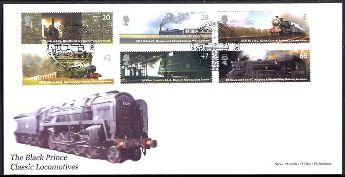 Classic railway locomotives set of stamps on Norvic official first day cover showing The Black Prince