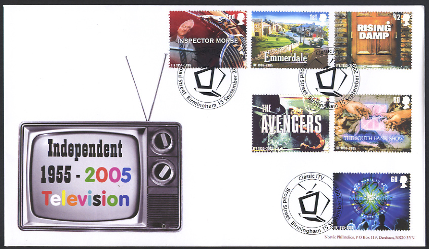 Norvic Philatelics first day cover for the 50th anniversary of independent television ITV with Birmingham retro-tv postmark