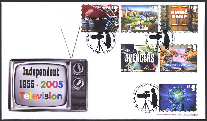 Norvic Philatelics first day cover for the 50th anniversary of independent television ITV with Manchester tv camera postmark