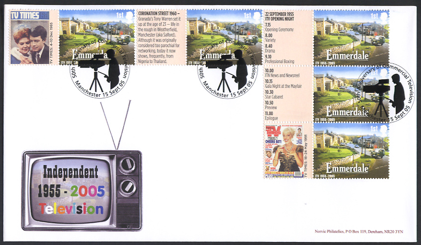 Norvic Philatelics first day cover for the 50th anniversary of independent television ITV Emmerdale Smilers stamp with Manchester tv camera postmark