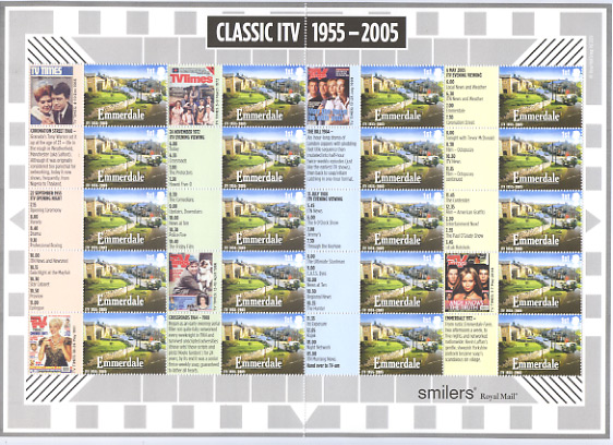 Royal Mail Smilers Sheet with Emmerdale stamps from Independent Television commemoration