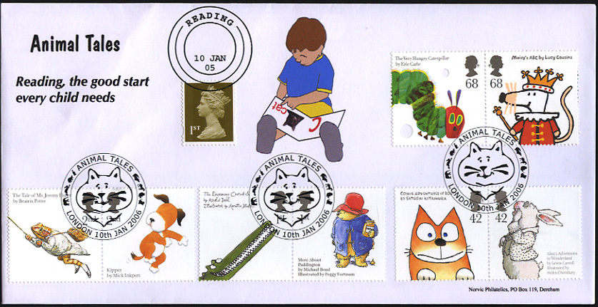 set of 8 Animal Tales stamps on Norvic fdc boy reading book, cover also postmarked READING.
