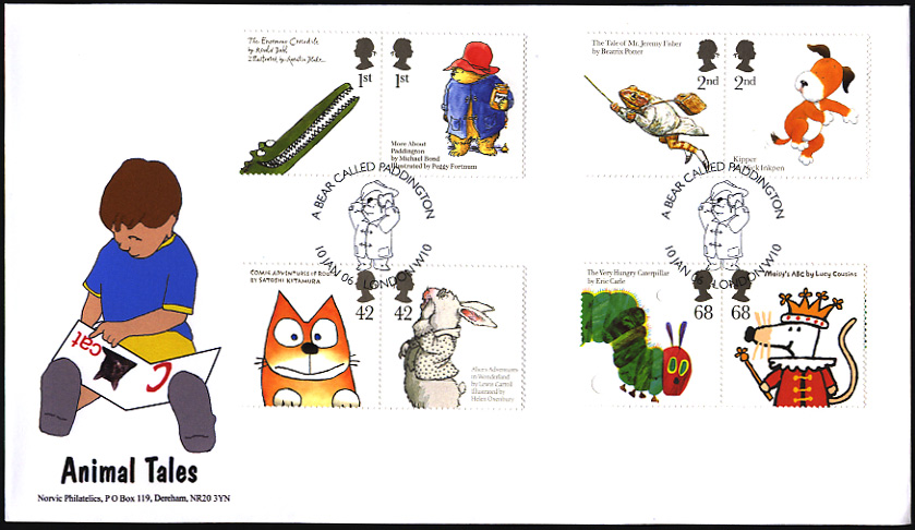 set of 8 Animal Tales stamps on Norvic fdc boy reading book.