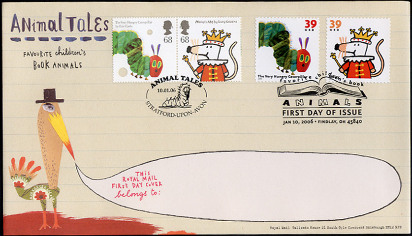 Royal Mail fdc with both US & GB Maisy and Very Hungry Caterpillar stamps.