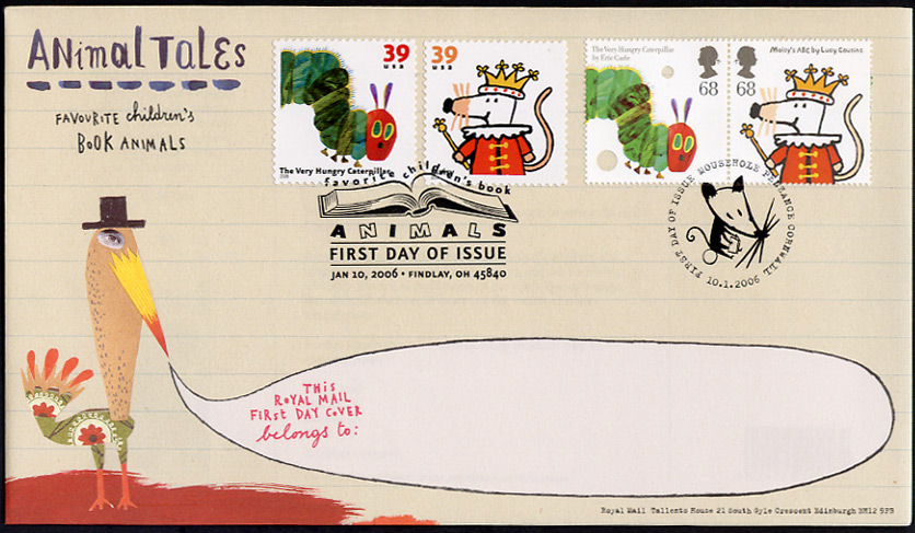 Royal Mail fdc with both US & GB Maisy and Very Hungry Caterpillar stamps.