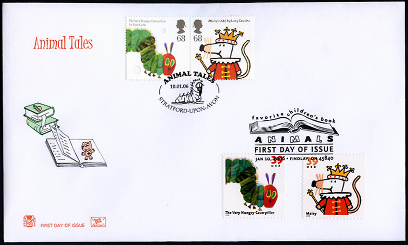 Stuart fdc showing Hyppy & Sam, with both US & GB Maisy and Very Hungry Caterpillar stamps.