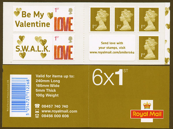 booklet of 6 self-adhesive 1st class stamps, 4 definitive, 2 LOVE greetings.