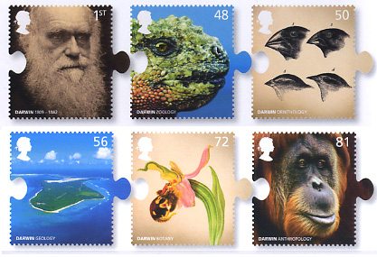 Set of 6 Charles Darwin stamps .
