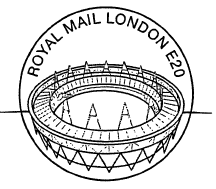 E20 Postmark showing London's Olympic Stadium.
