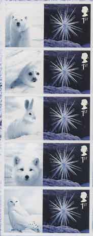 1st class stamps by Andy Goldsworthy, with labels showing photographic images of a polar bear, harp seal, snowshoe hare, polar fox and snowy owl