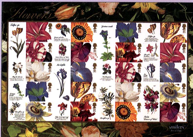 sheet of 20 stamps with attached labels and decorative borders - 2 sets of 10 stamps and labels showing flowers