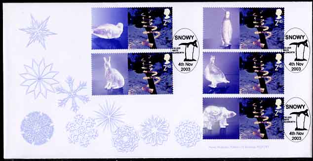 Norvic Philatelics' limited edition first day cover for the Andy Goldsworthy Ice Sculptures stamps, showing a selection of snowflakes with 5 x 2nd class Smilers stamps