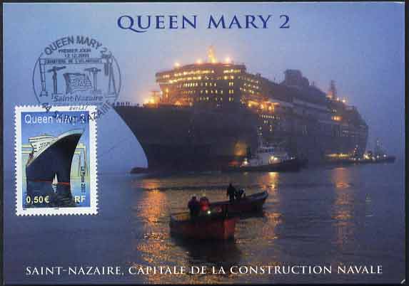 'Queen Mary 2' night-time view postcard with France 0,50 QM2 stamp cancelled first day of issue Saint-Nazaire