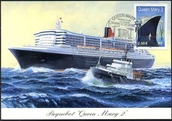 Paquebot 'Queen Mary 2' postcard with France 0,50 QM2 stamp cancelled first day of issue Saint-Nazaire
